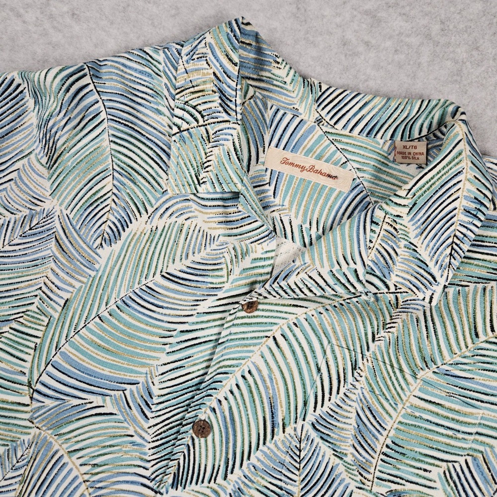 Tommy Bahama (Mens XL) Blue Silk Shirt Hawaiian Palm Leaf Tropical Camp Vacation